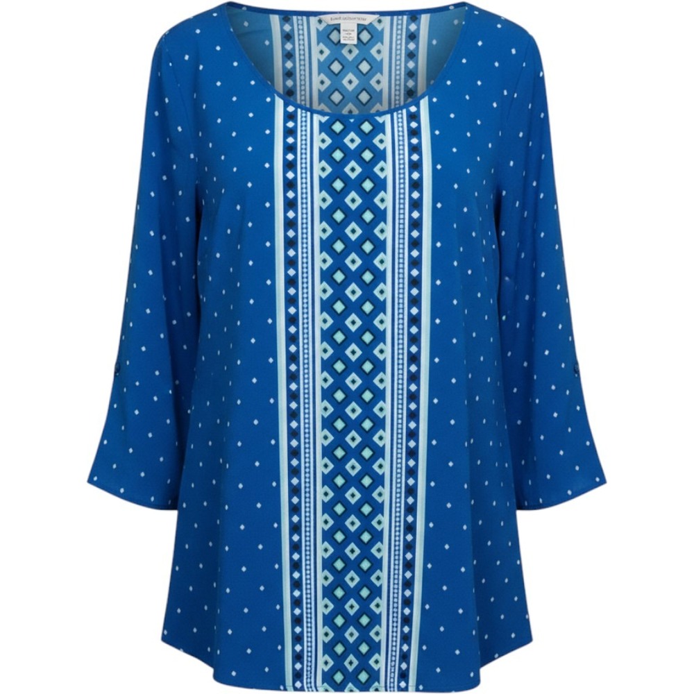 Croft & Barrow 1X Blue Geometric Polka Dot 3/4 Sleeve Scoop Neck Blouse